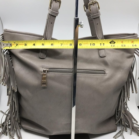 BCBG Fringe Tote Gray Faux Leather Shoulder Bag - Picture 3 of 8